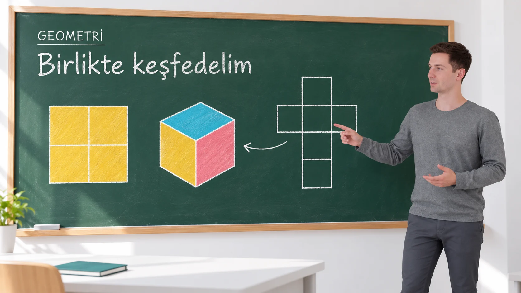 Fatih Hoca ile kare, küp ve küp açınımını keşfeden görsel öğrenme sahnesi